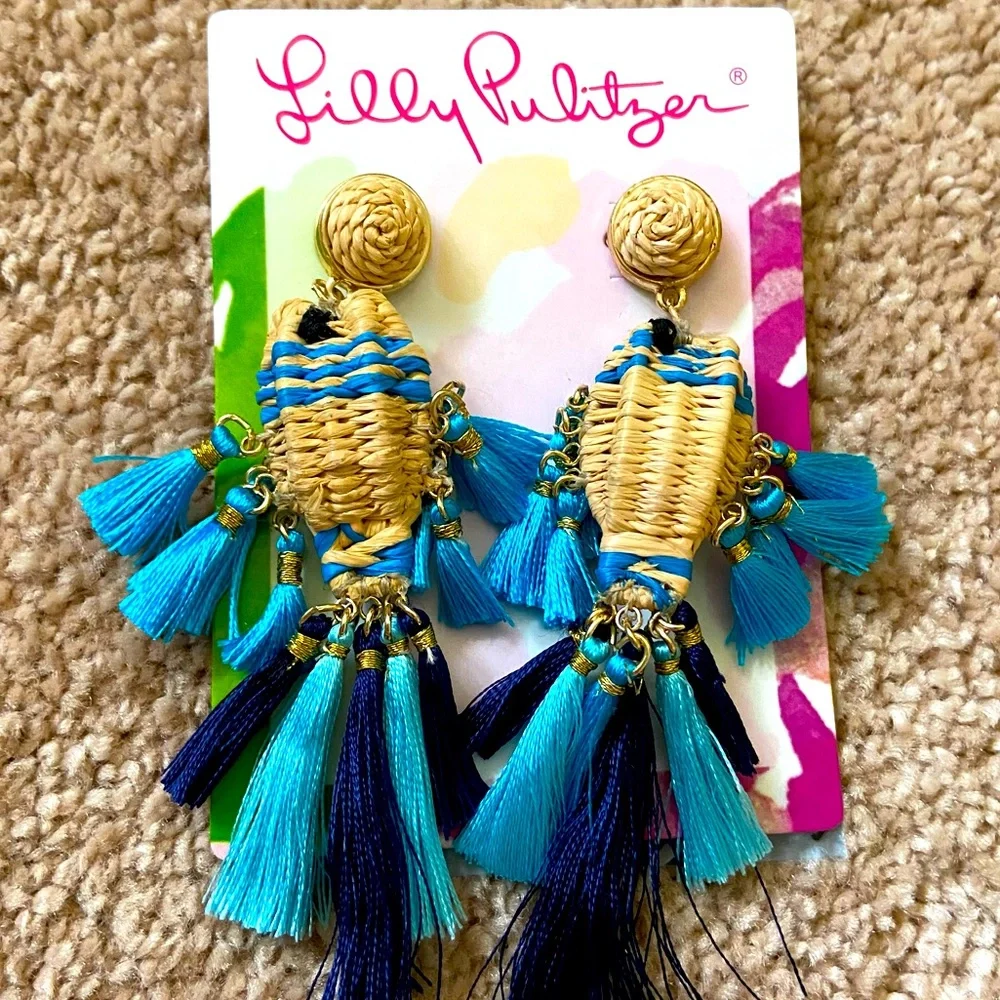 Lilly Pulitzer Tropical Basket Weave Fish Blue Tassel Earrings